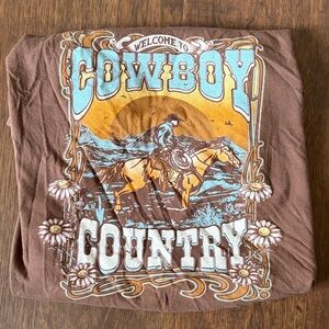 Altar'd State Brown Tee with Blue & Gold Cowboy Graphic